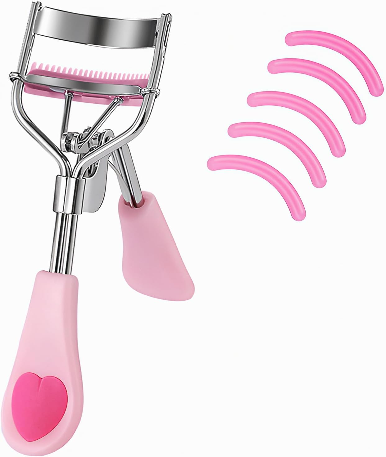 Stainless Steel Eyelash Curler with Built-in Comb Pinch Pain-Free with 5 Silicone Refill Pads